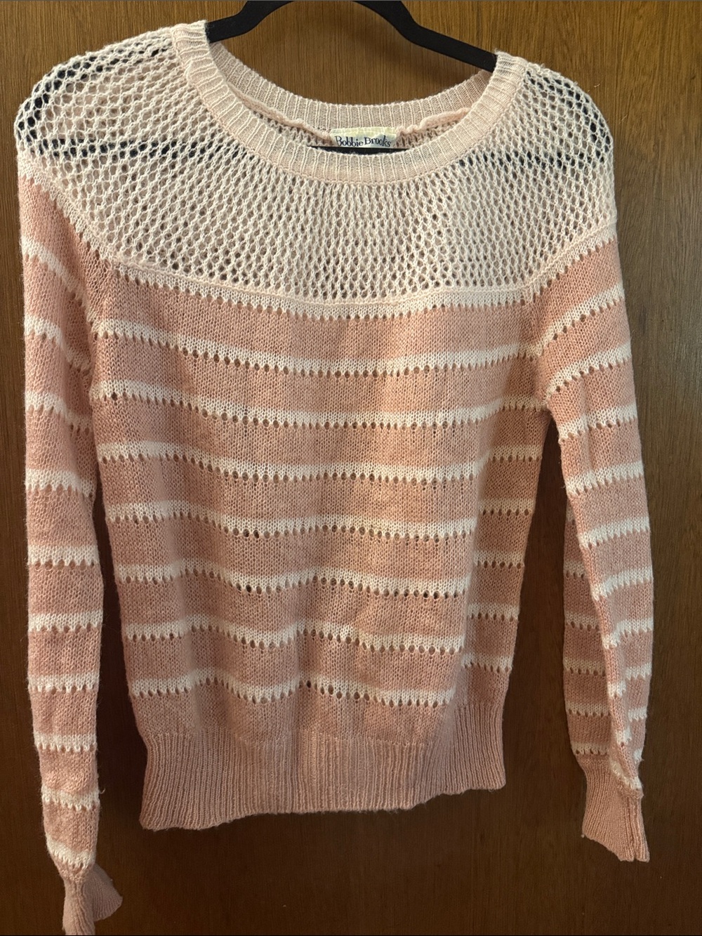 Vintage Bobbie Brooks Pink and Cream Striped Open-Knit Crewneck Sweater